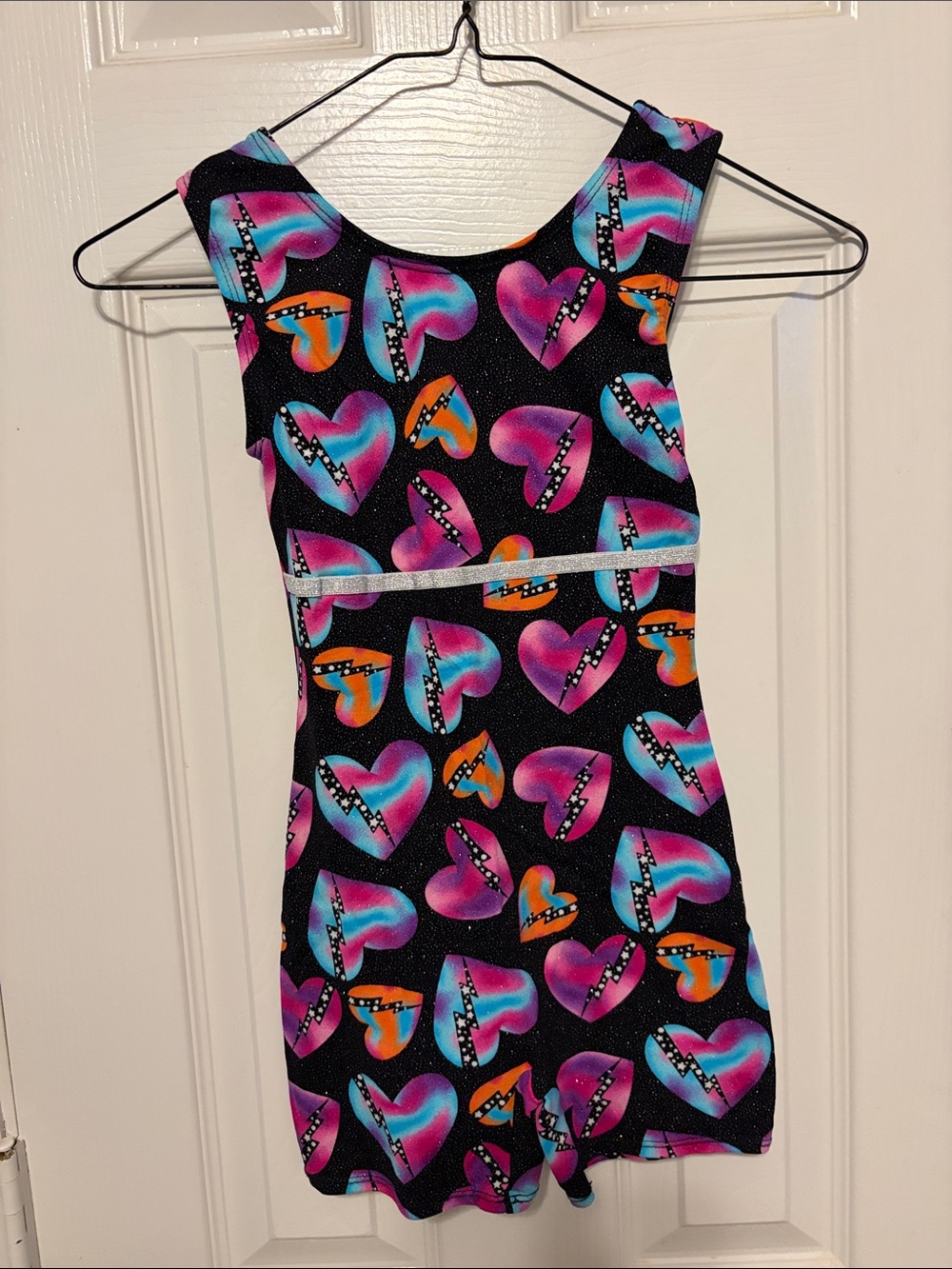 Girls' Black Heart Print Active Bodysuit with Pink & Blue Accents